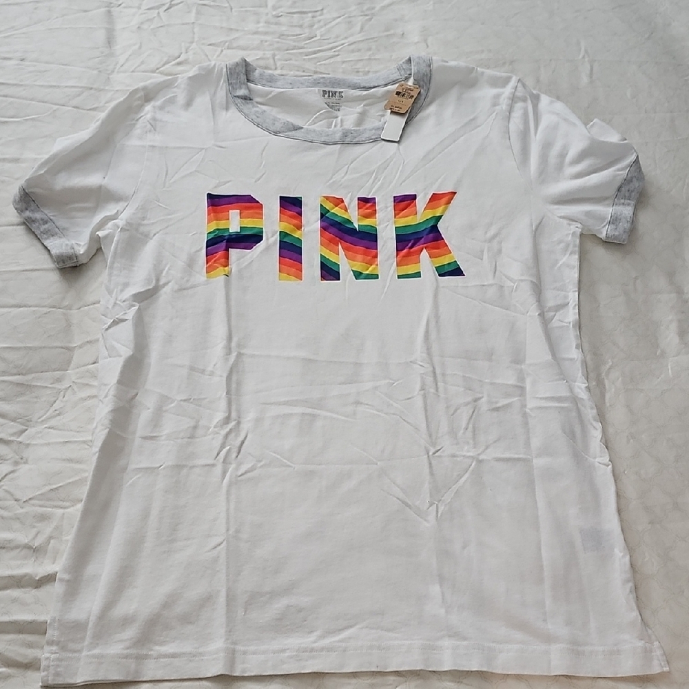 PINK White T-Shirt with Rainbow PINK Logo